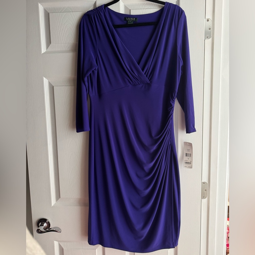 Ralph Lauren V Neck Ruched Detail Dress